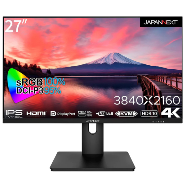 JAPANNEXT 液晶ディスプレイ 27型/3840×2160/DP×1、HDMI×1、USB Type-C×1/ブラック/スピーカー：無/1年保証 JN-IPS273UHDR-C65W