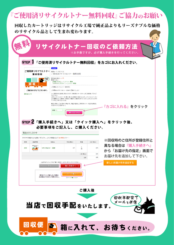 ご使用済リサイクルトナー無料回収 ご使用済みリサイクルトナー無料回収について